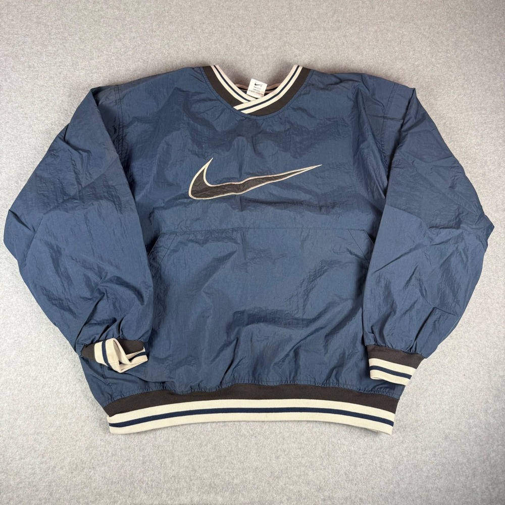 Vintage Nike Windbreaker Pullover Mens Medium Blue Embroidered Swoosh V-Neck